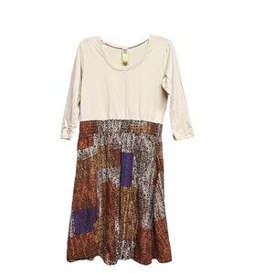 MODBE Cream and Brown A-Line Midi Dress with Scoop Neck Size Large